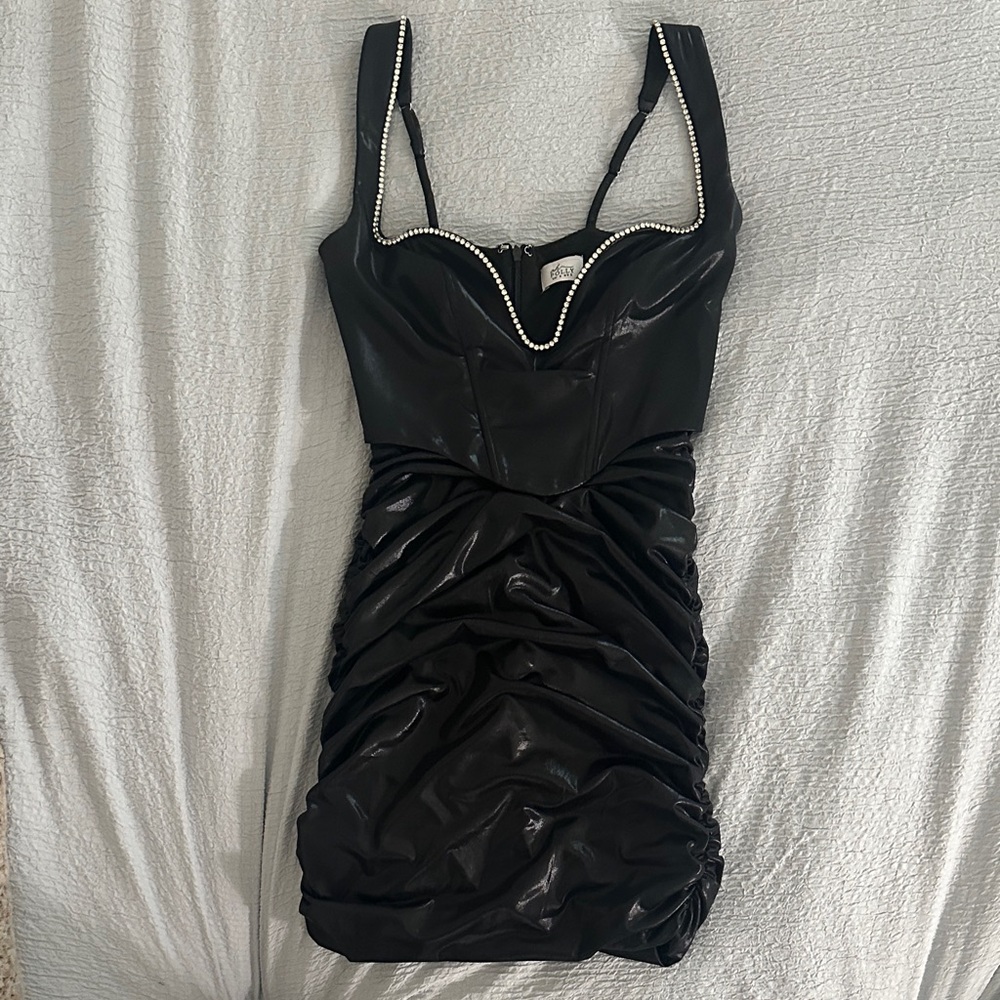 Oh Polly Black Mini Dress with Rhinestone Accents